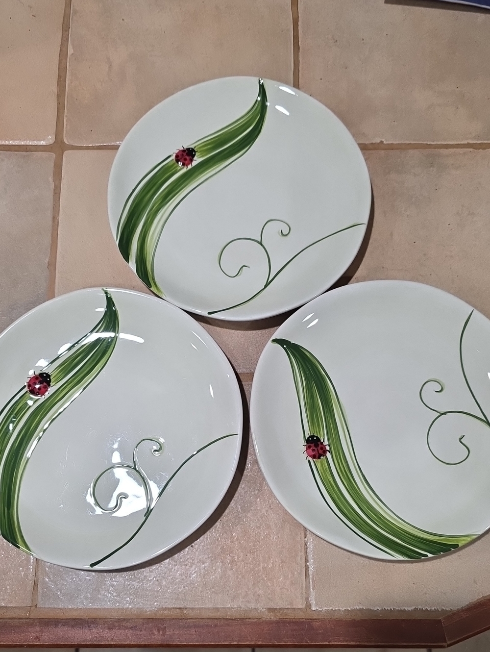 Green Leaf & Ladybug Ceramic 8 Inch Plates - Set of 3